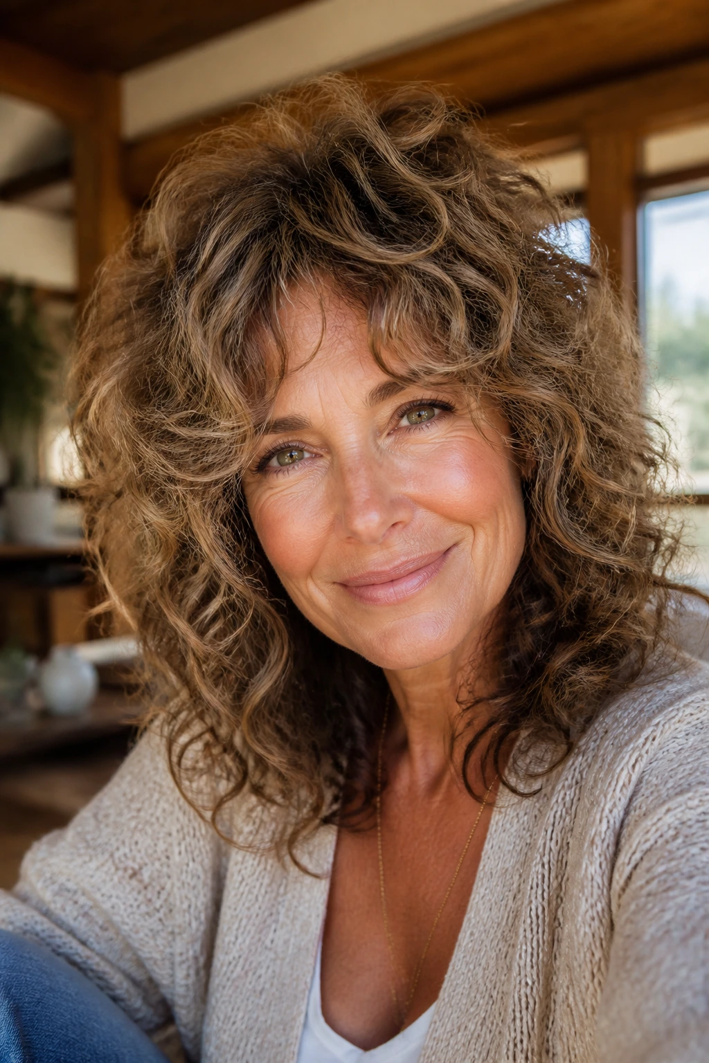 Close-up of a real woman with curly shag and loose curtain fringe