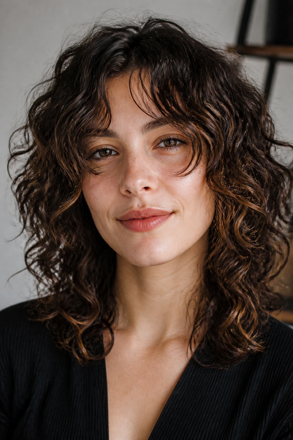 Portrait of a real woman with curly shag and curtain fringe