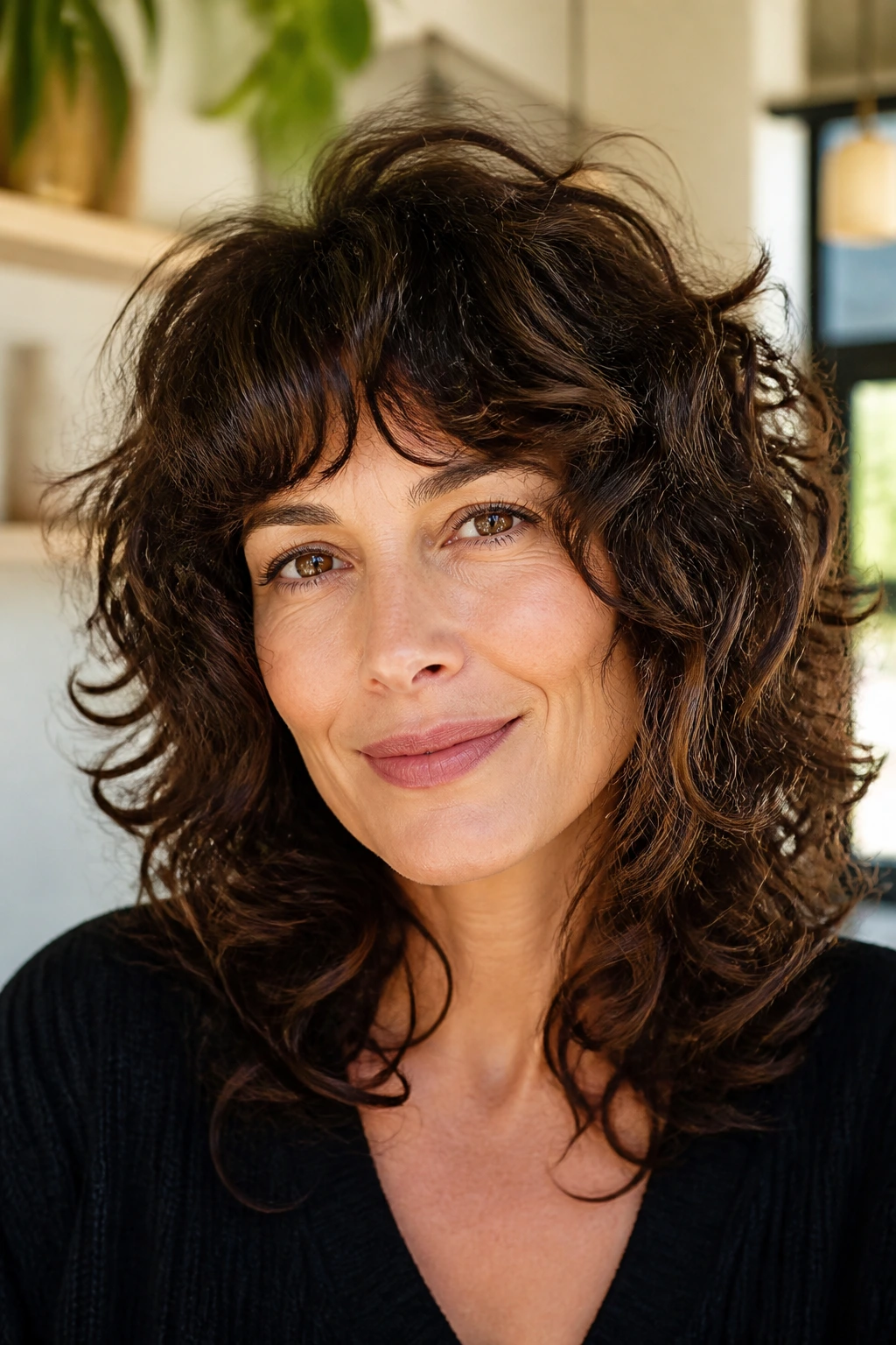Close-up of a real woman with curly shag and curved bangs.