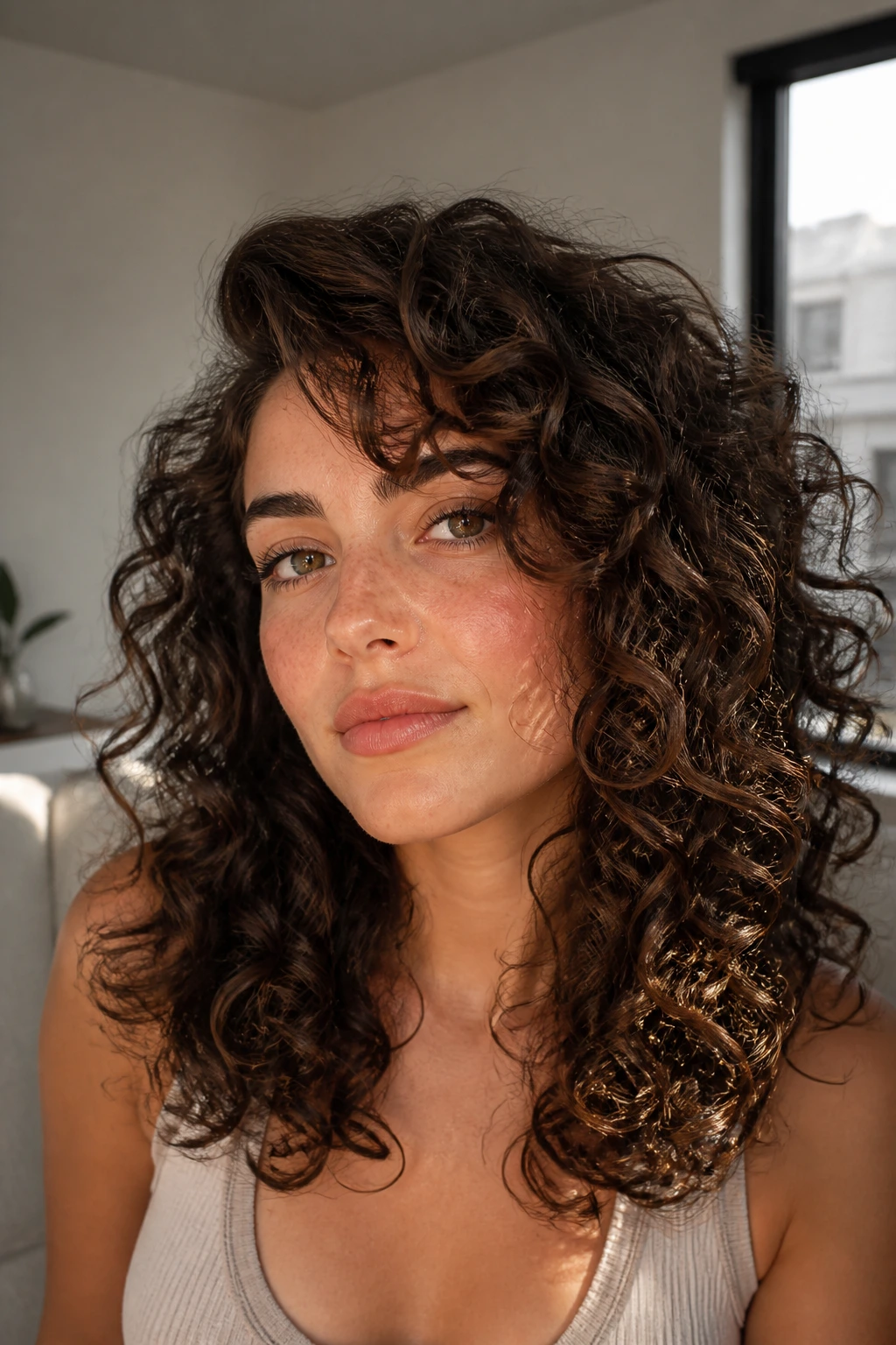 Close-up portrait of a real person with a deep side part curly shag