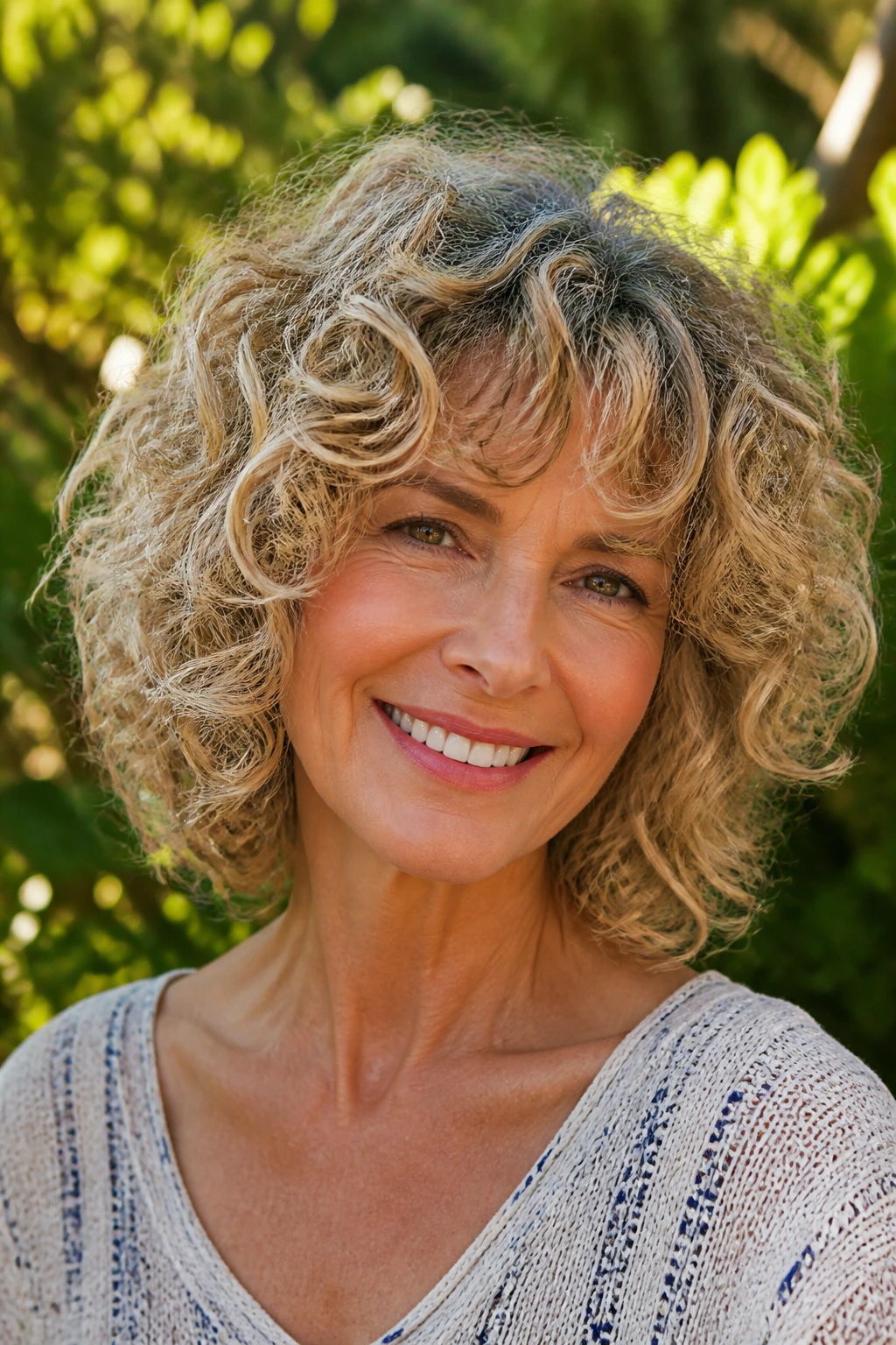 Portrait of woman with curly shag and light ends in garden light