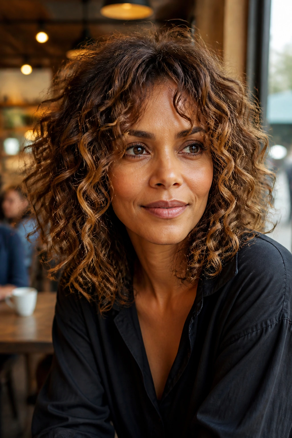Portrait of a woman wearing a curly shag with face-framing pieces.