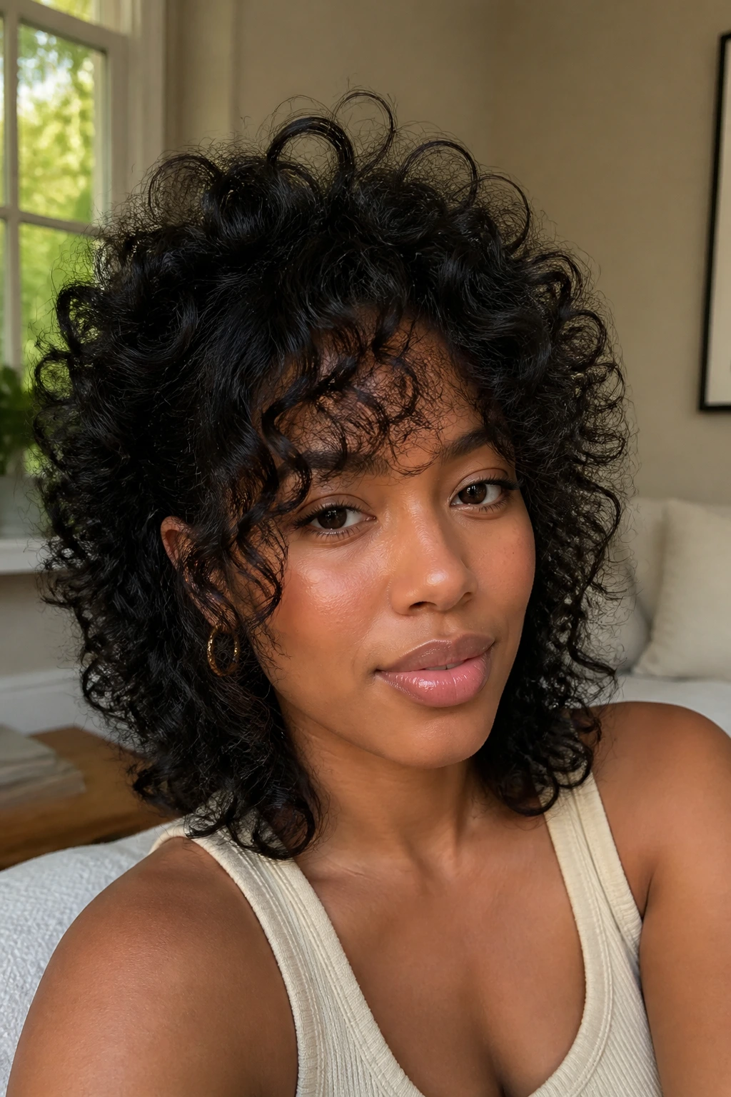 Close-up of a real Black woman with curly shag hairstyle featuring face-framing pieces.