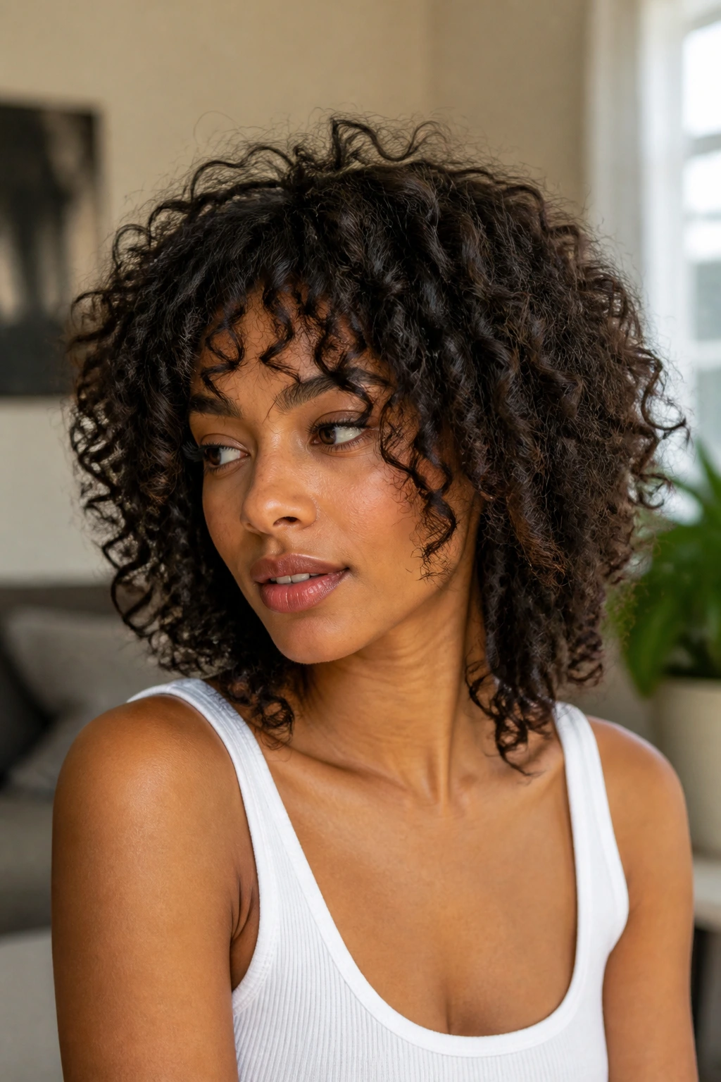 Close-up of a woman wearing a curly shag with face-framing layers in natural light