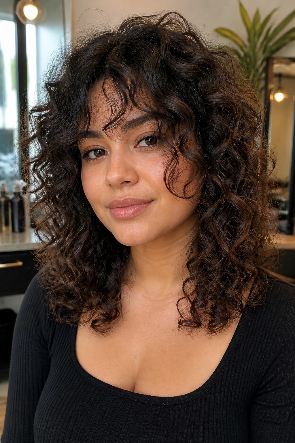 Close-up of a real woman with curly shag and face-framing layers in a sunlit salon.
