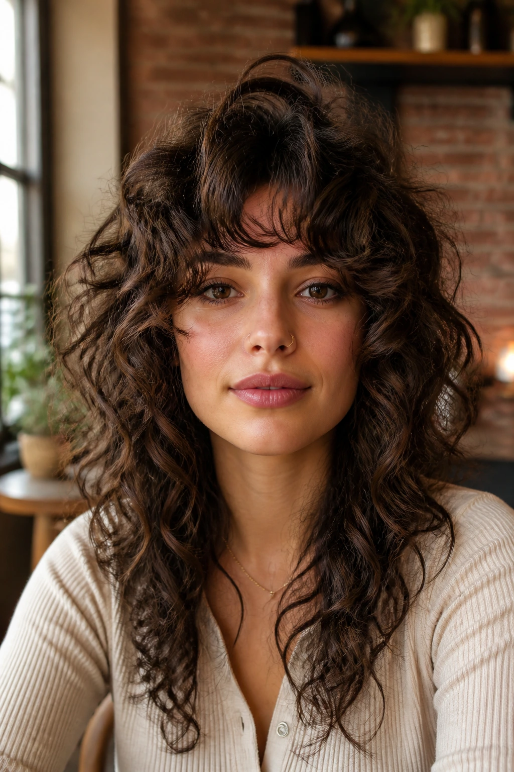 Close-up portrait of a real woman with curly shag layers and a feathered front.