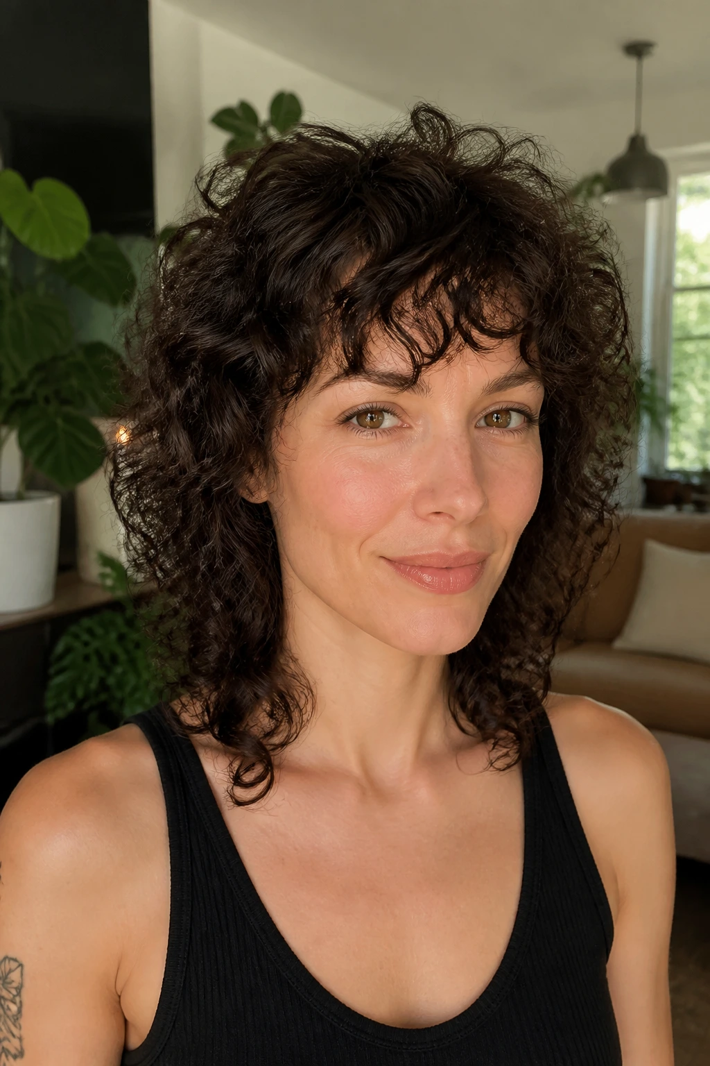 Real woman with curly fine-hair shag showing rounded shape and lifted crown.