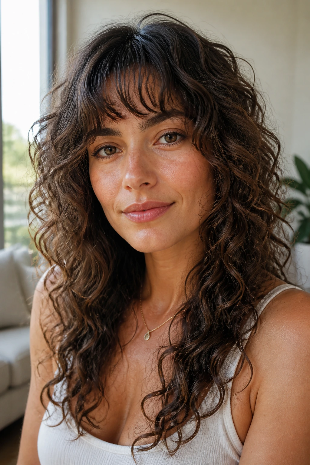 Portrait of a woman with curly shag and light fringe in a bright room.