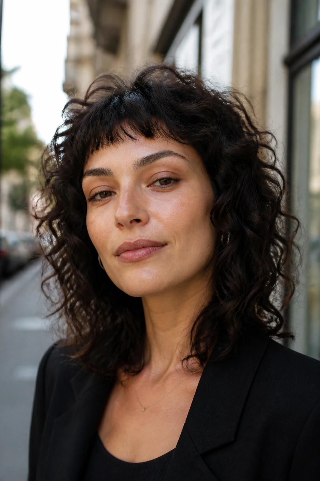 Close-up of a real woman with curly shag and micro fringe in morning street light