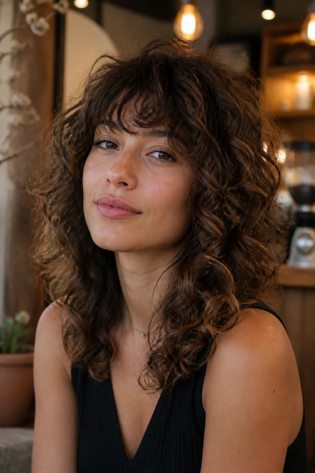 Close-up of a curly shag with a soft fringe framing the forehead