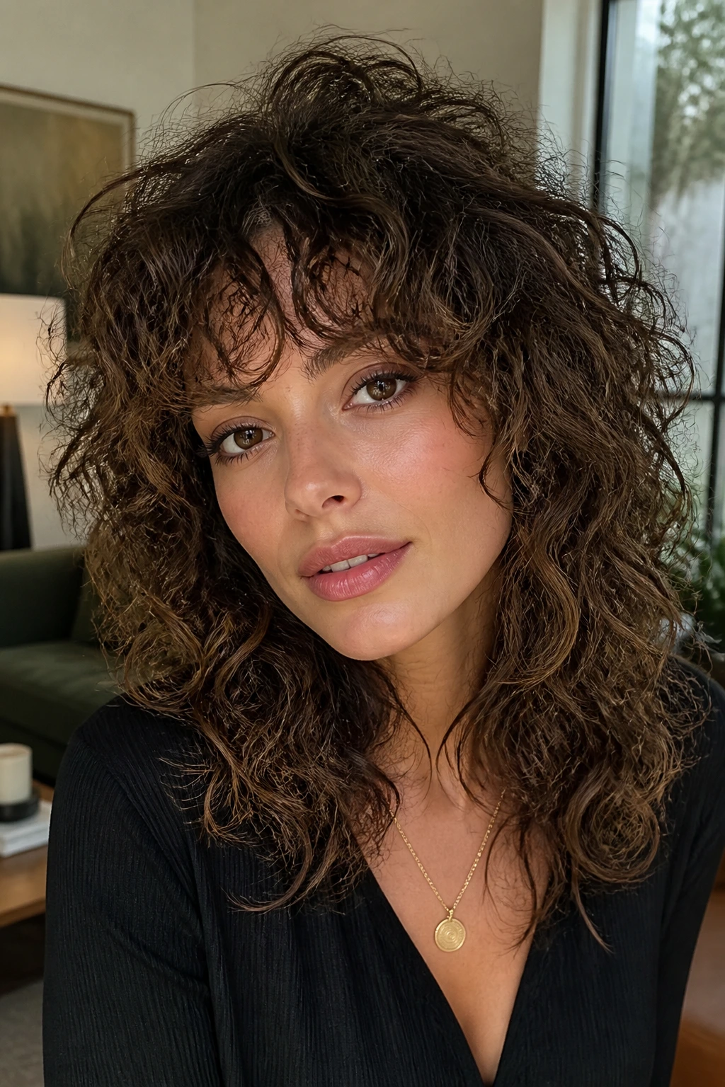 Portrait of a woman with curly shag and piecey fringe