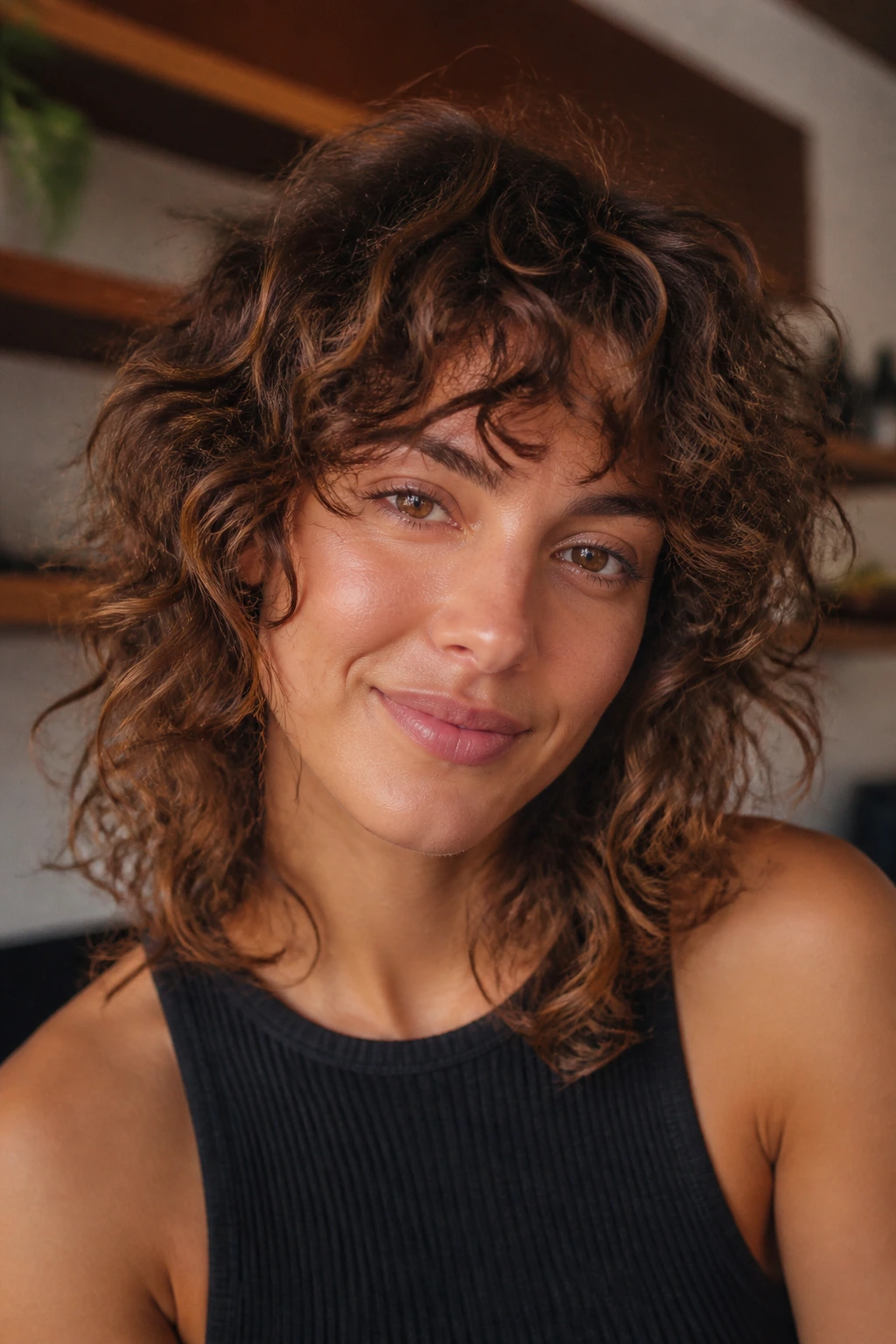 Curly shag with piecey fringe framing face