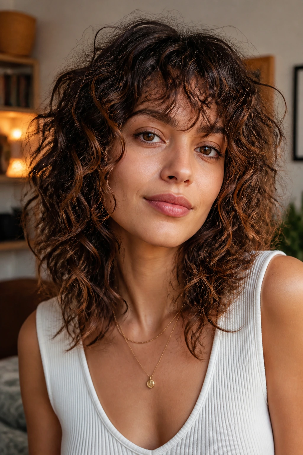 Close-up of a real woman with curly shag and soft fringe ends in a warm indoor setting