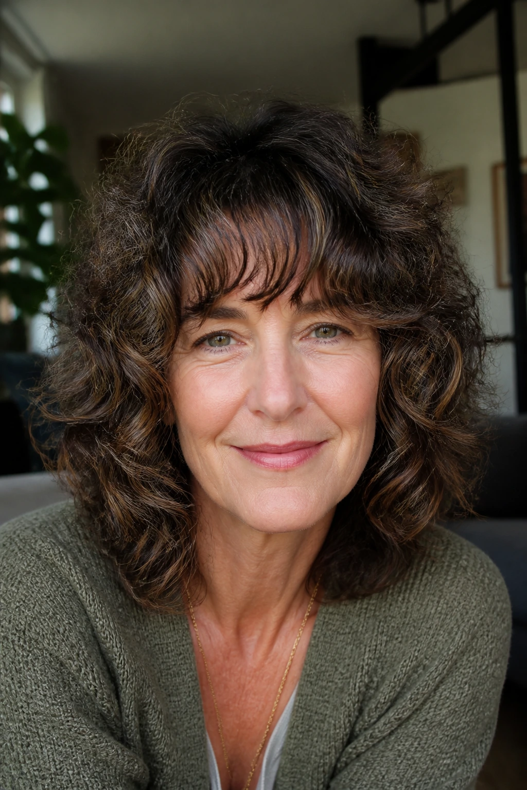Close-up of a real woman with curly shag and soft fringe.