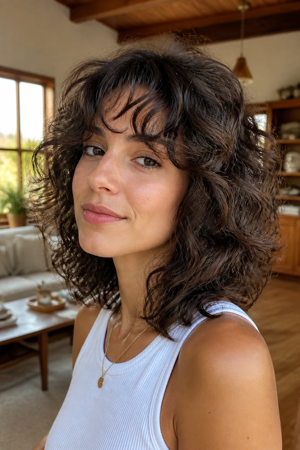 Real person with curly shag and airy fringe in warm natural light