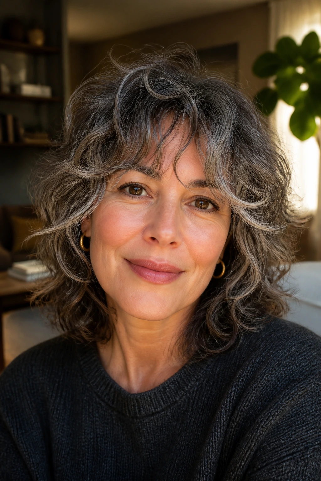 Portrait of person with curly shag and fringe showing defined curls and gray strands