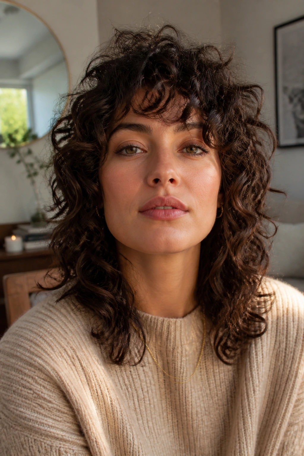 Close-up of a real woman with curly shag fringe in a cozy living room with natural window light