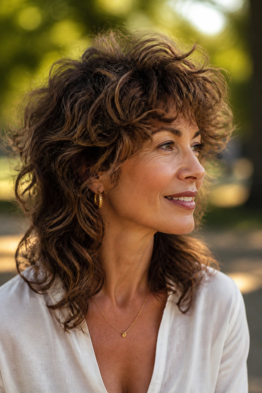 Close-up of a woman with curly shag fringe