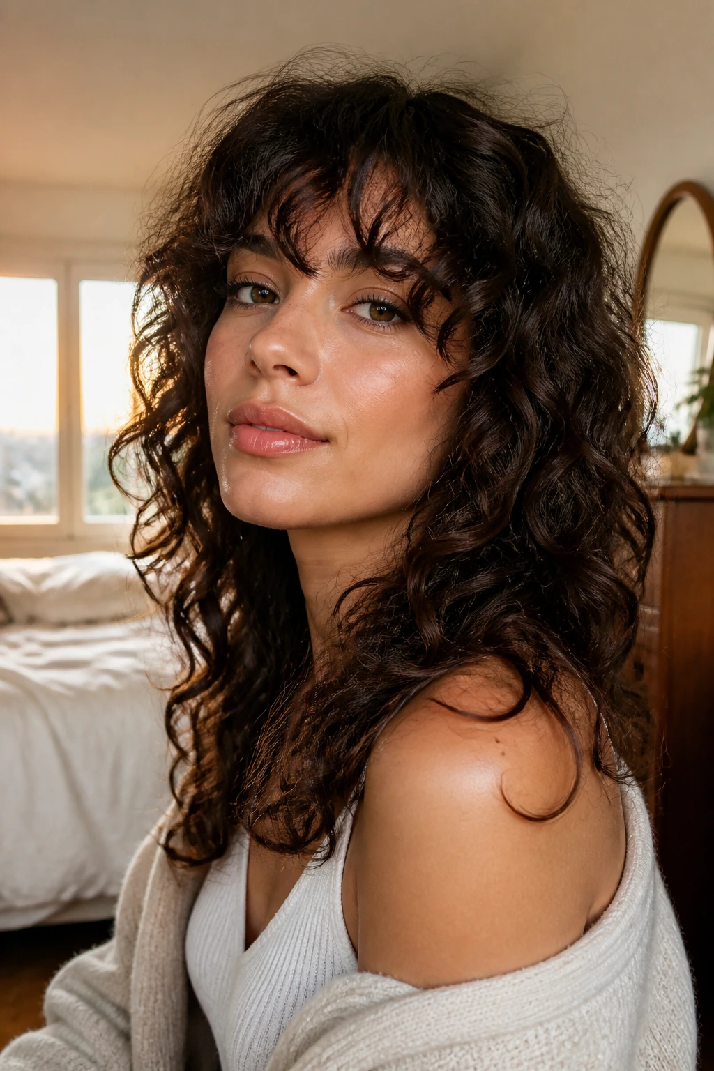 Close-up of a real woman with airy curly shag and fringe in natural window light.
