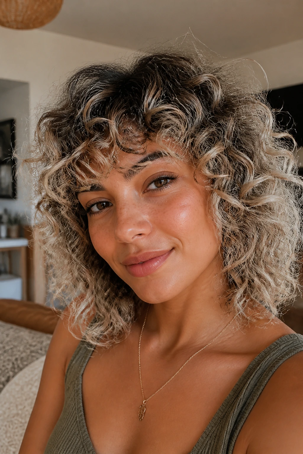 Real woman with curly shag and frosted halo icy blonde color