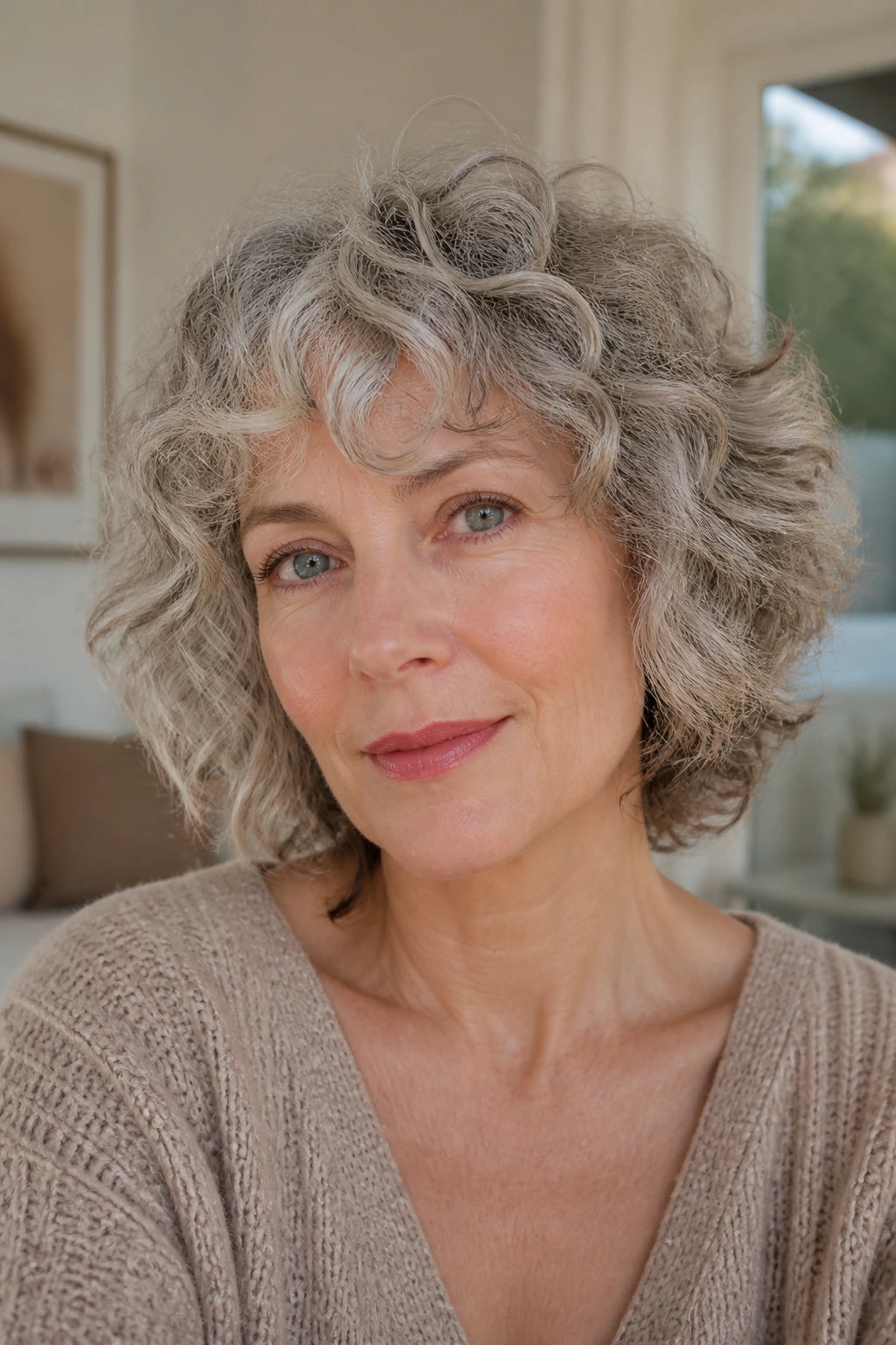 Close-up of curly gray shag with dimensional ends.