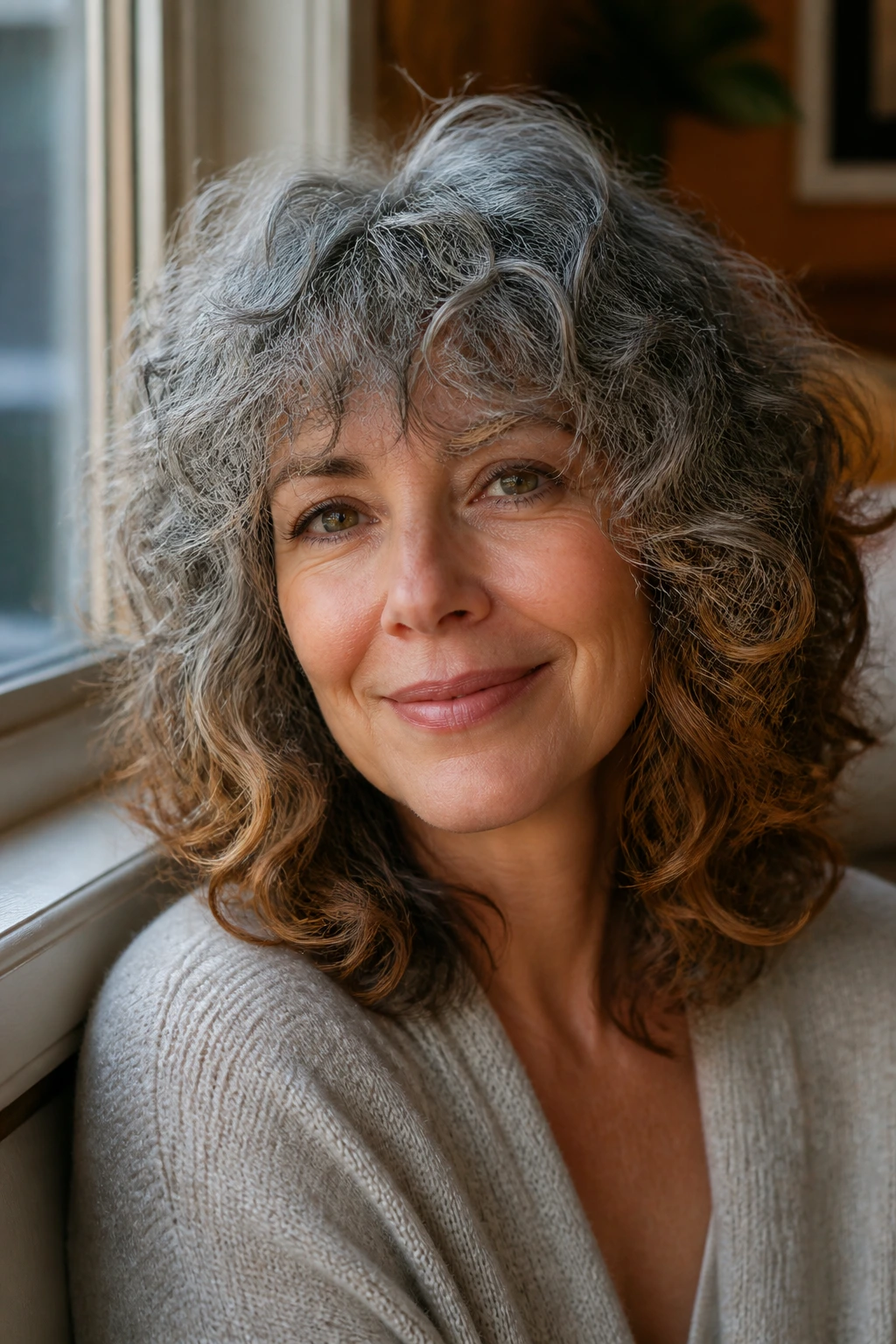 Close-up of a real woman with curly shag and bronze-shadow ends in warm window light