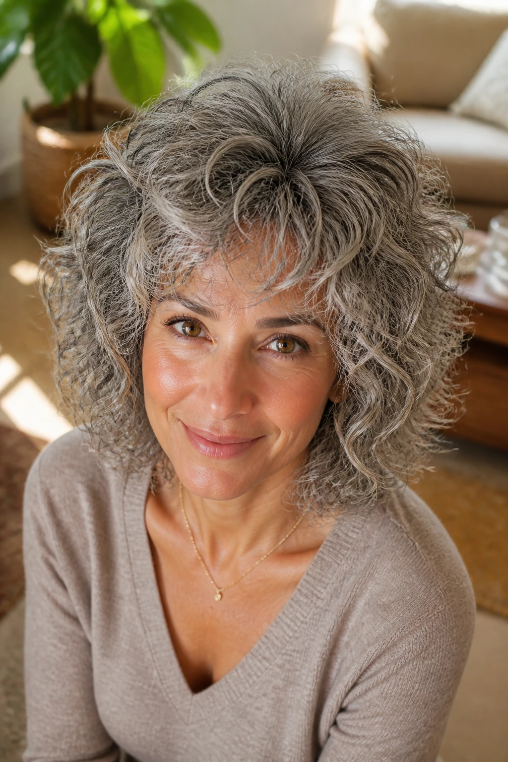 Close-up of a real woman with curly grey shag and halo volume in natural light