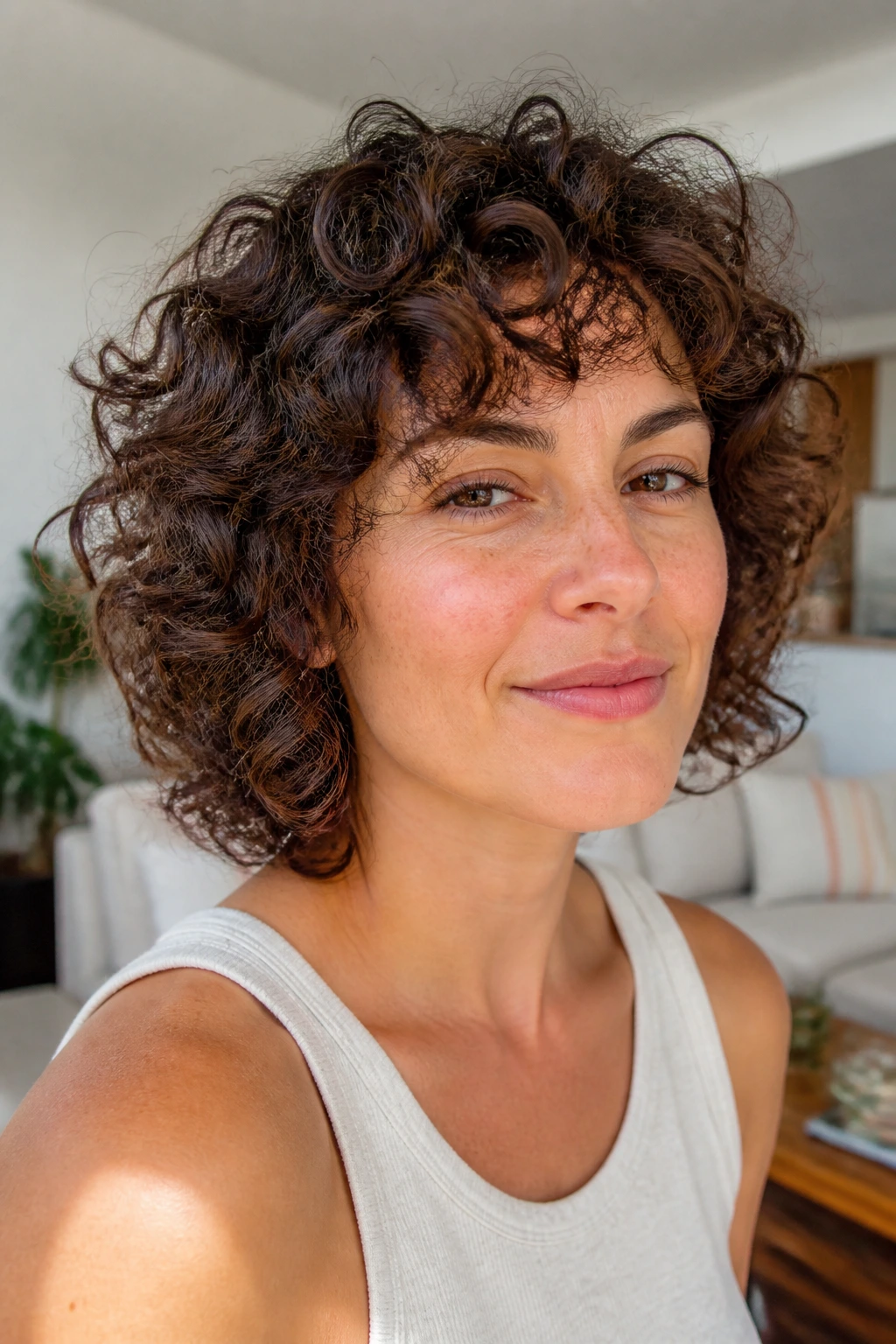 Close-up of curly shag hairstyle with defined curl clumps