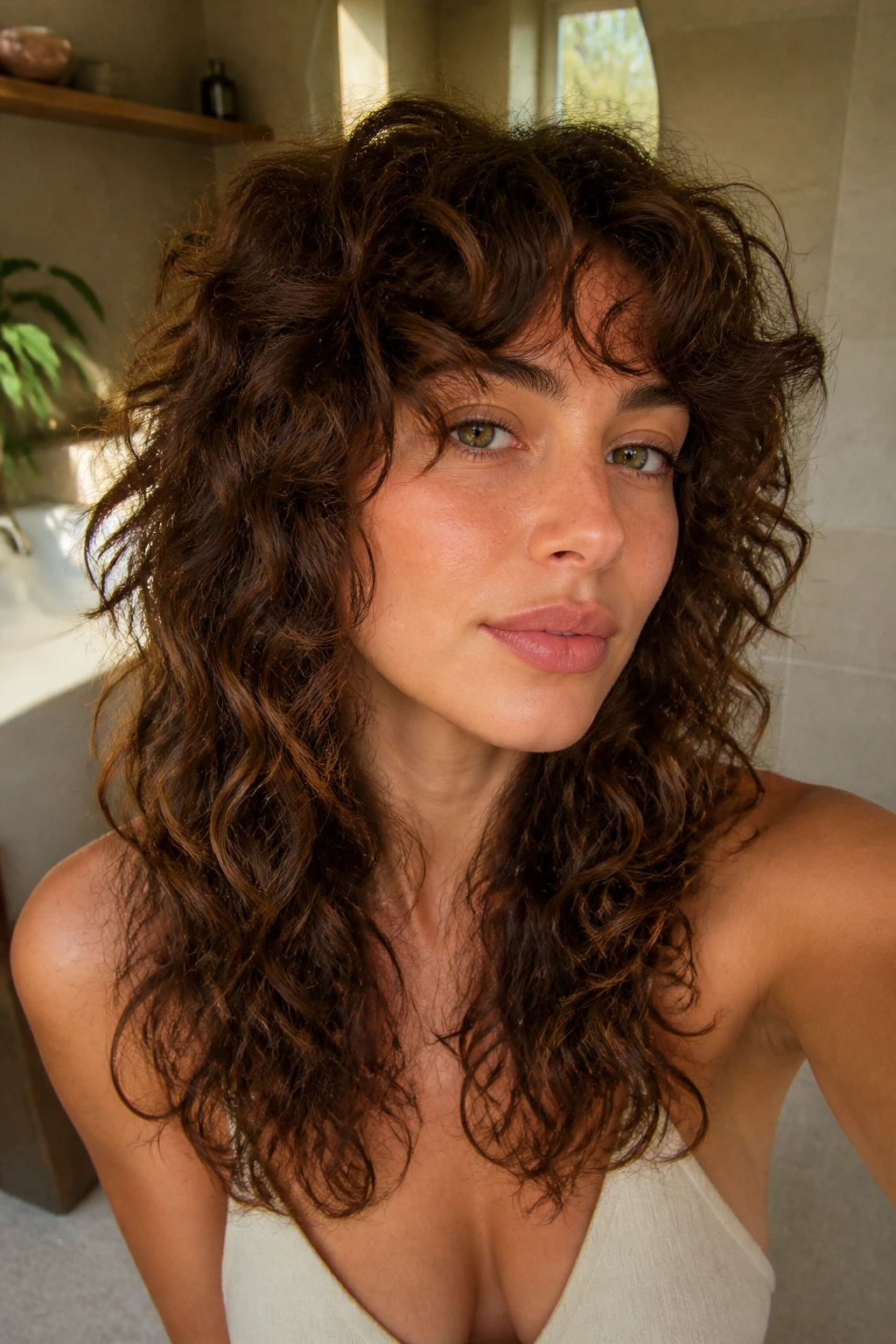 Portrait of a person with curly-first shag hairstyle