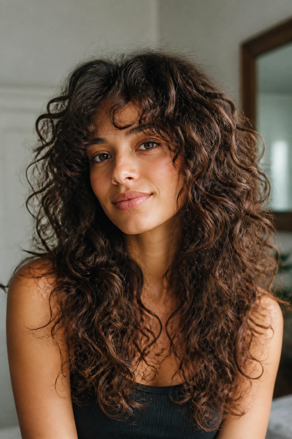 Portrait of woman with curly shag showing light crown and texture
