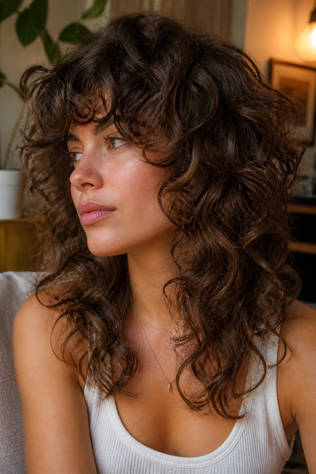 Close-up of a real woman with curly-wavy thick-hair shag showing layered curls
