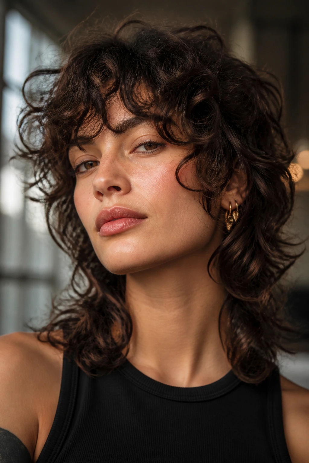 Portrait of woman with modern curly shag haircut