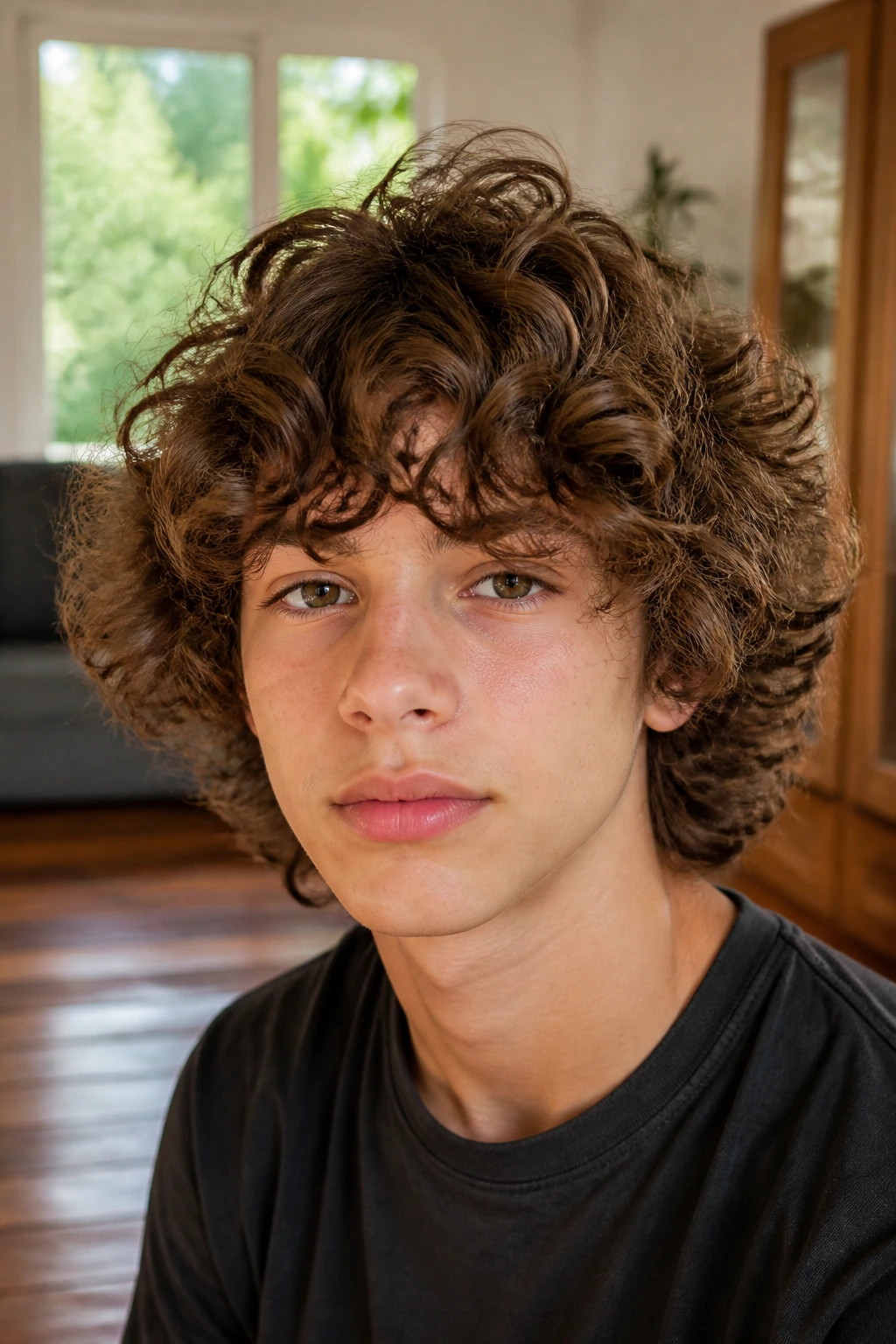 Close-up of real boy with curly shag haircut in cozy daylight room
