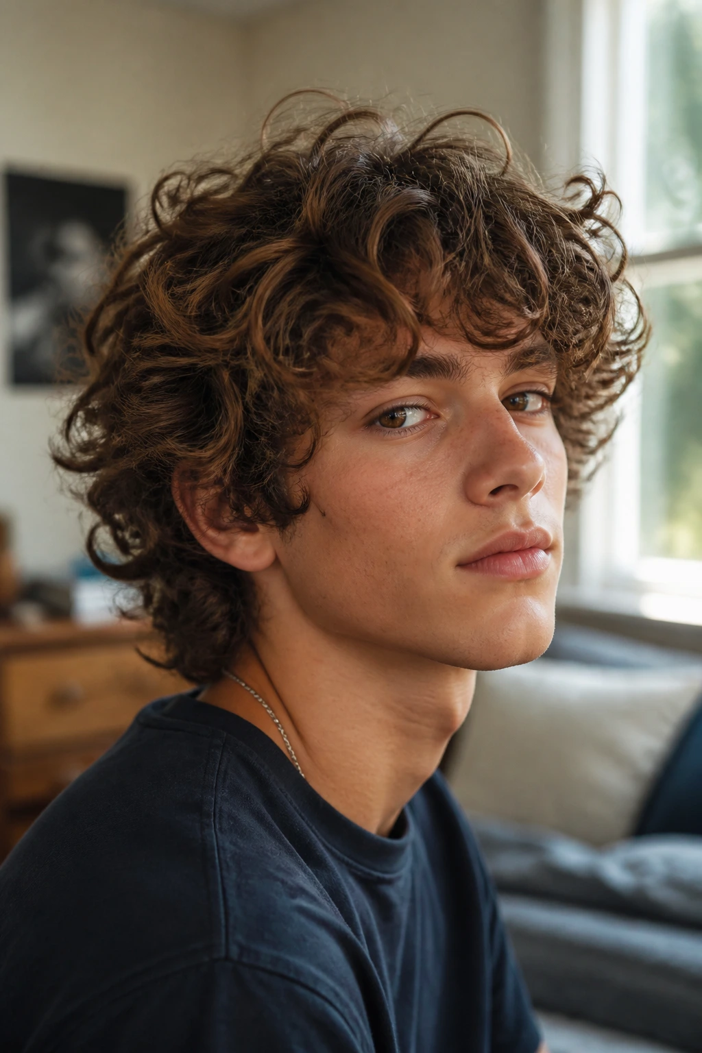 Close-up of a boy sporting a curly shag hairstyle with layered curls.