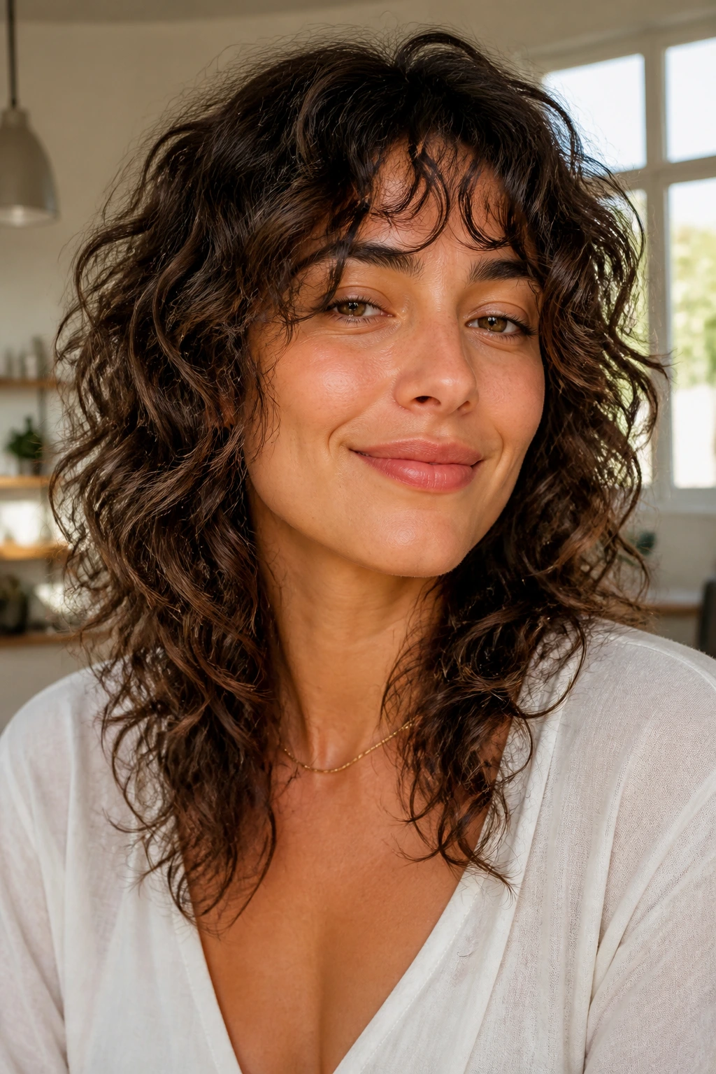 Close-up portrait of a real woman with curly shag and piecey fringe in a sunlit living room