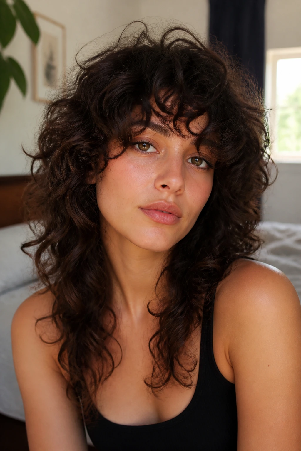 Close-up of a woman with a heavy fringe curly shag and eye-grazing pieces