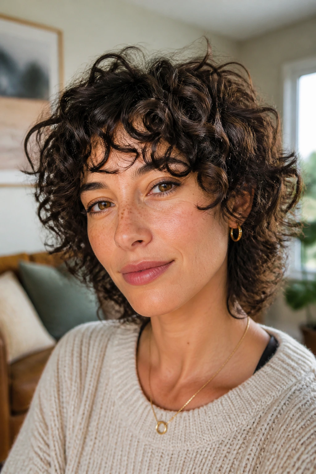 Close-up portrait of a woman with curly shag haircut showing layered curls around crown and cheeks