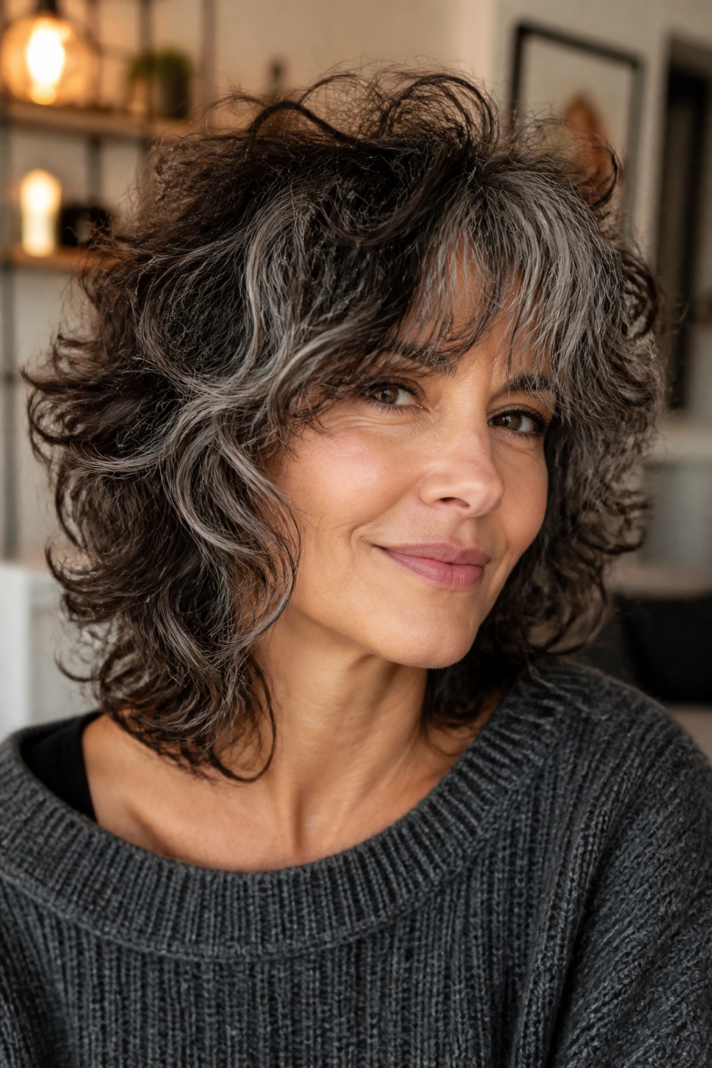 Real person with curly shag and soft layered curls
