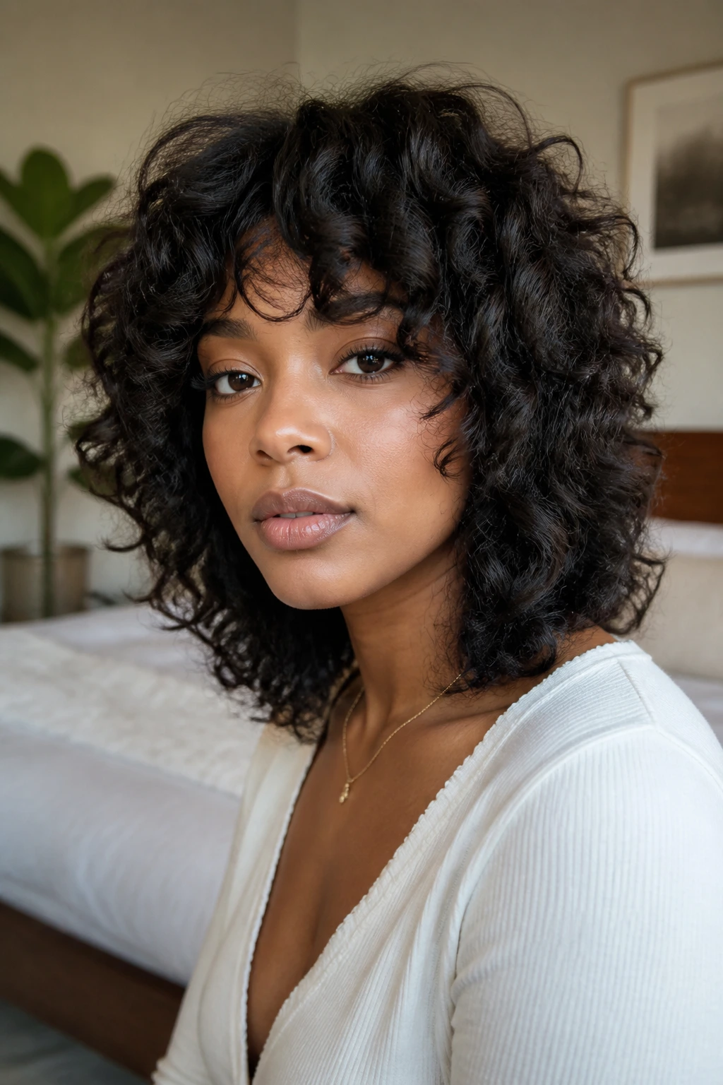 Close-up portrait of a real Black woman with curly shag and cheekbone-length layers