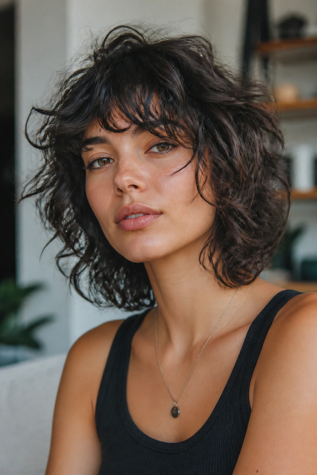 Close-up of a real woman with curly shag and choppy layers