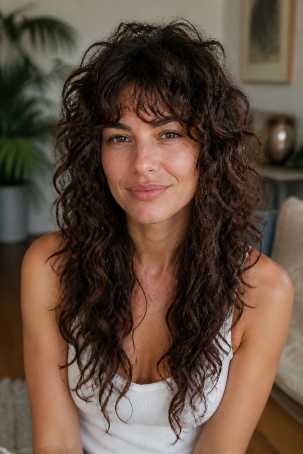 Portrait of a woman with curly shag maintaining length