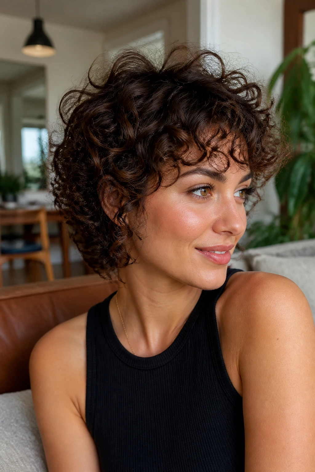 Close-up of a woman with rounded curly shag and lifted top for defined curl shape.