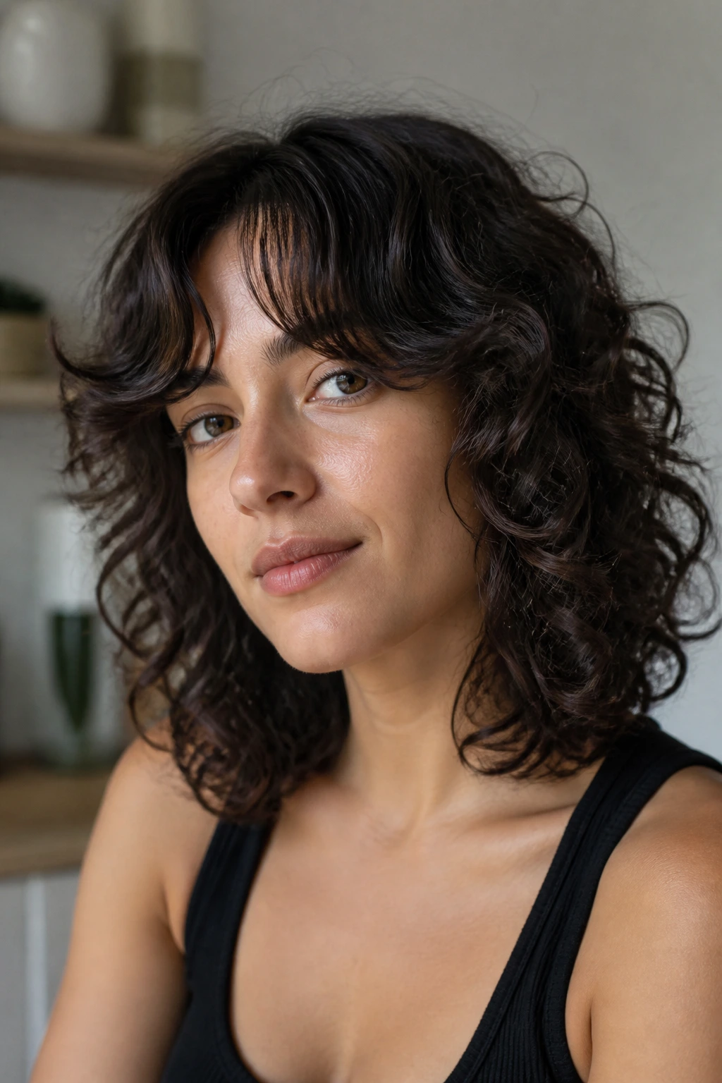 Portrait of a person with a curly shag lob and curtain bangs