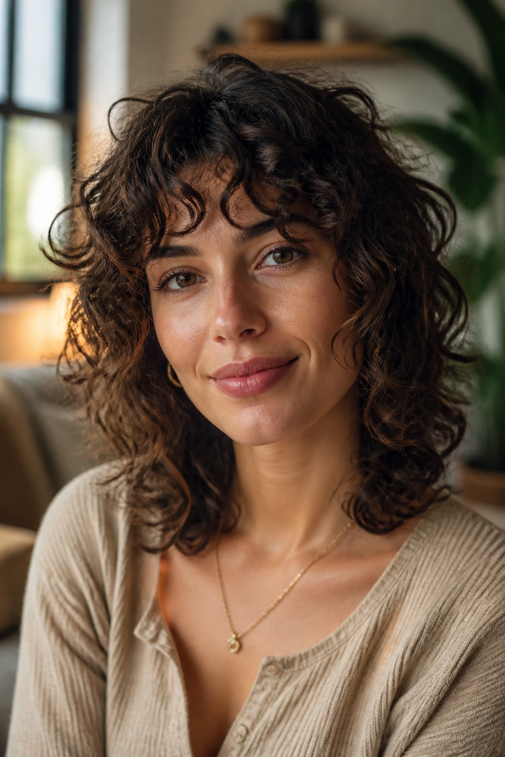 Close-up of a woman with a curly shag lob at collarbone length showing interior layers