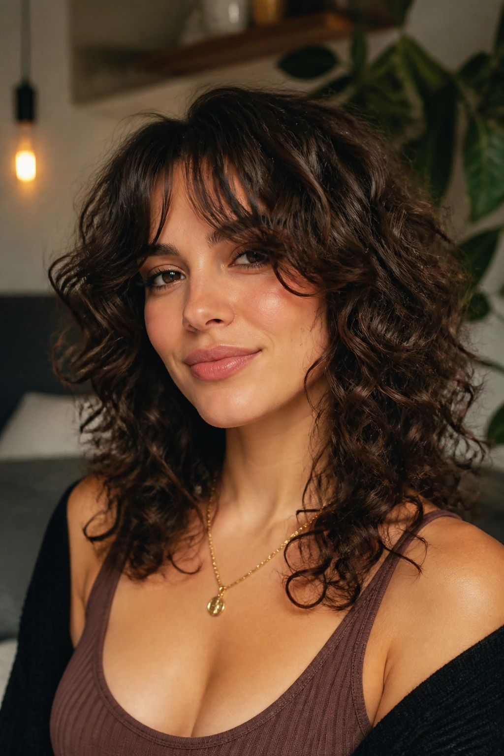 Portrait of person with curly shag and long curtain fringe