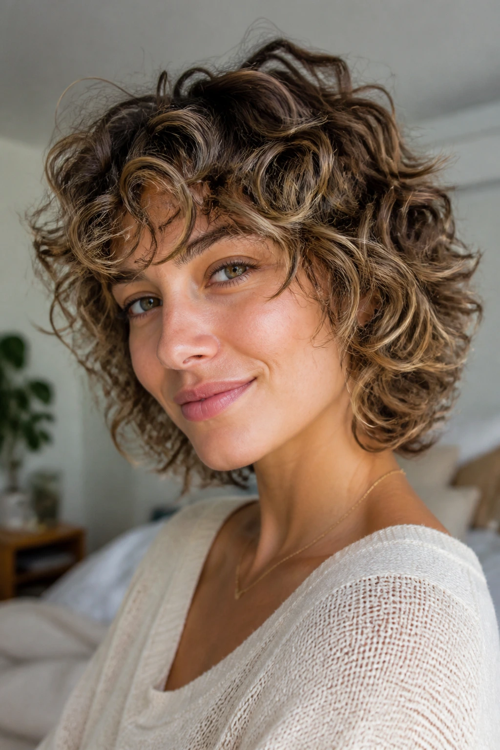 Close-up of a real person with rounded curly shag and micro-brightening highlights.