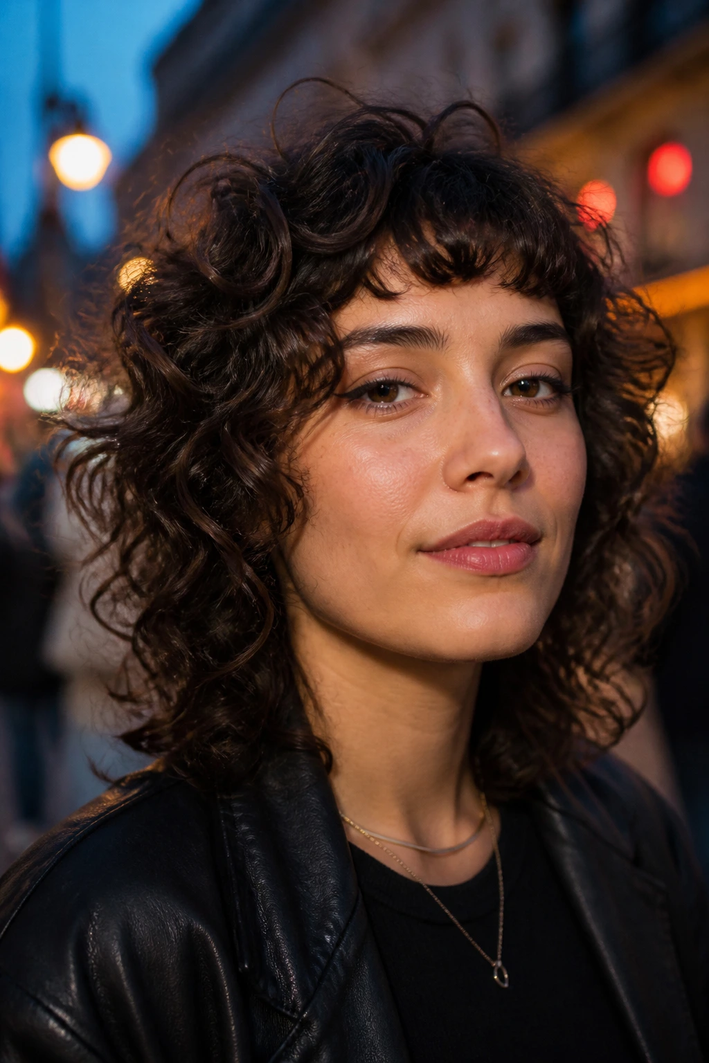 Real person with curly shag and micro fringe on an urban street at dusk.