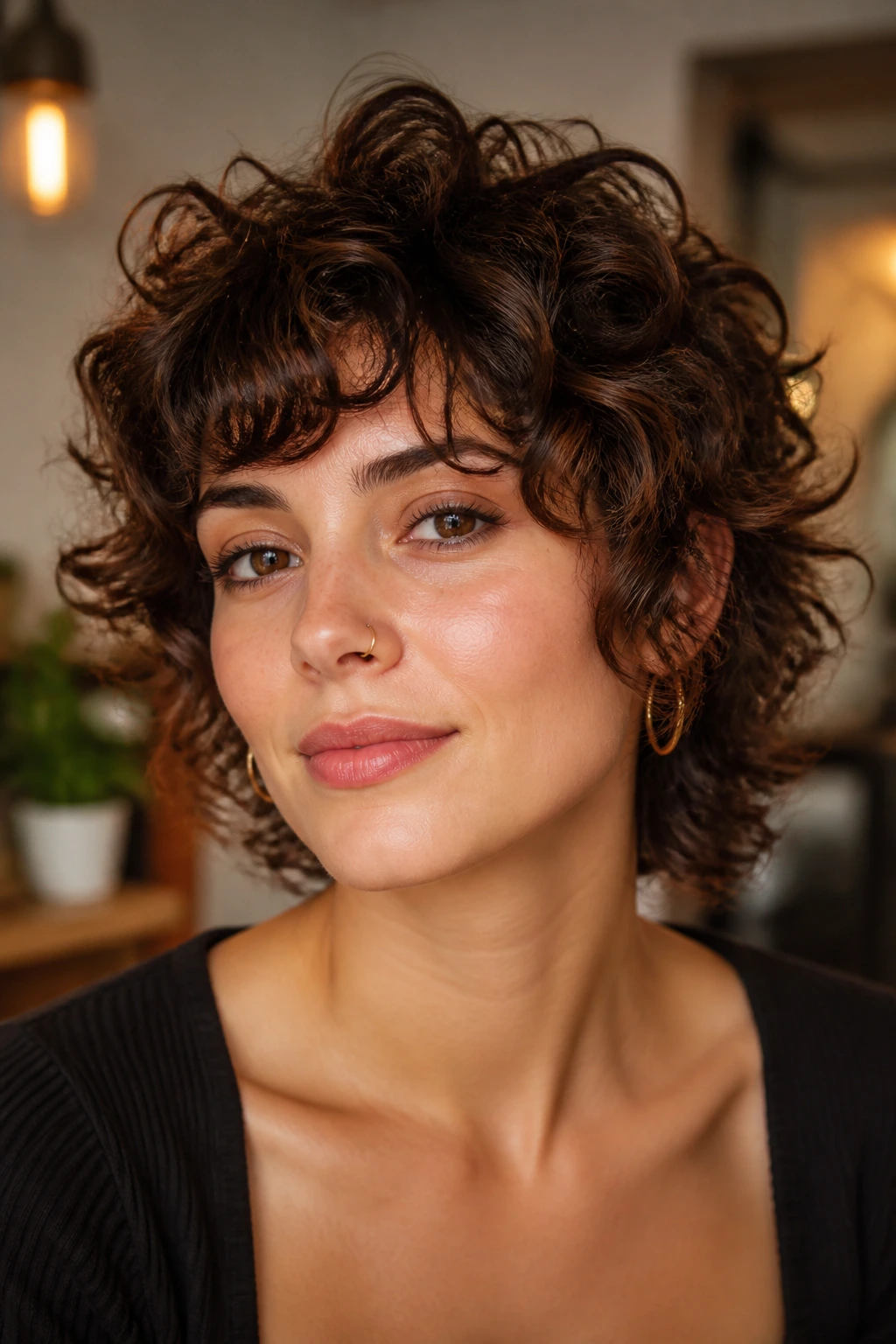Close-up of a real person with curly shag and micro layers.