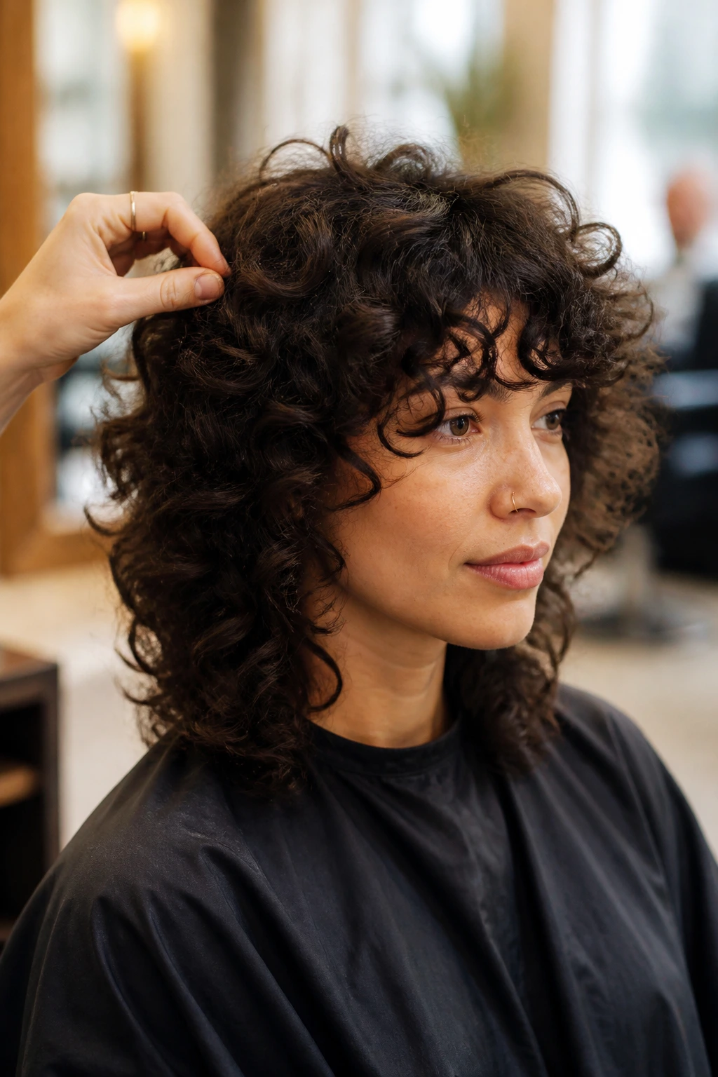 Close-up of a real woman in a salon illustrating the mindset behind curly shag cutting.