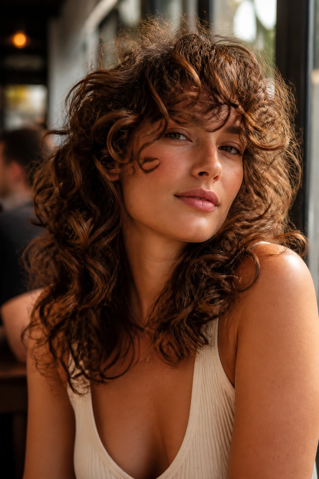 Close-up portrait of a real woman with curly shag hairstyle and side-swept bangs
